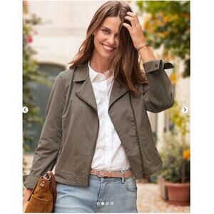 New NWT Garnet Hill Organic Cotton Moto Jacket 14 Army Green Asymmetric Zip